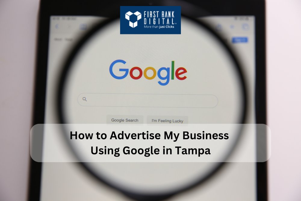 Google search engine under magnifying glass highlighting digital advertising.