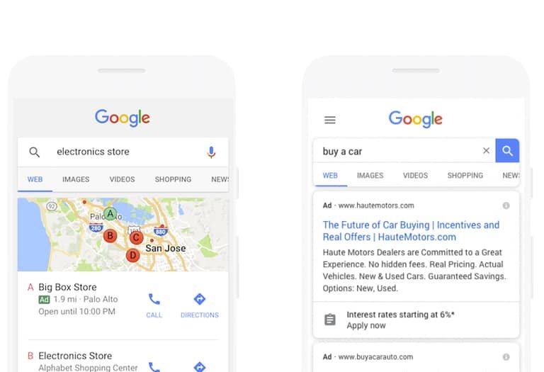 Google local search and map ads shown on mobile phones.